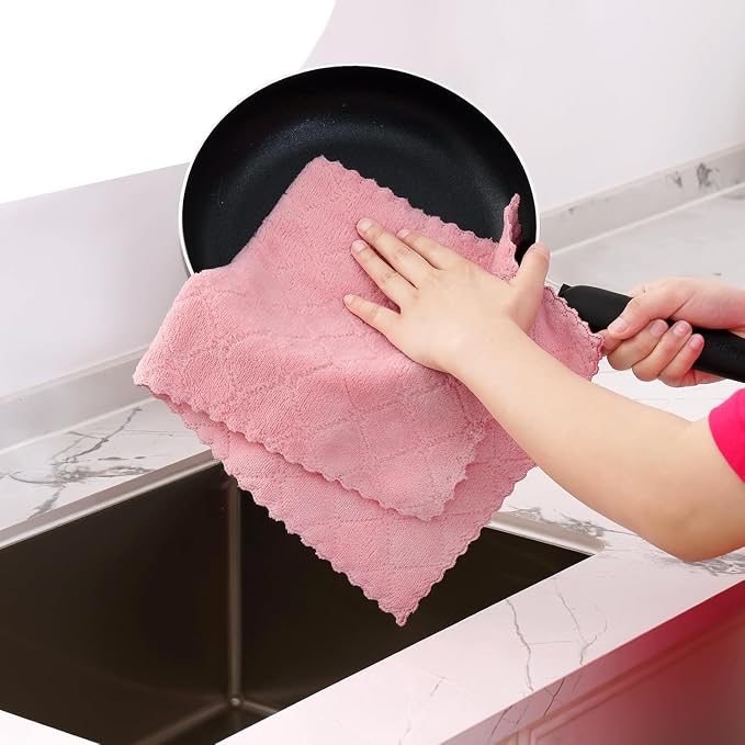 Homaxy 12 Pack Dish Towels for Kitchen (10 x 20 Inches, Pink), Super Soft and Absorbent Coral Velvet Dish Cloths for Washing Dishes, Nonstick Oil Fast Drying Microfiber Cleaning Cloth