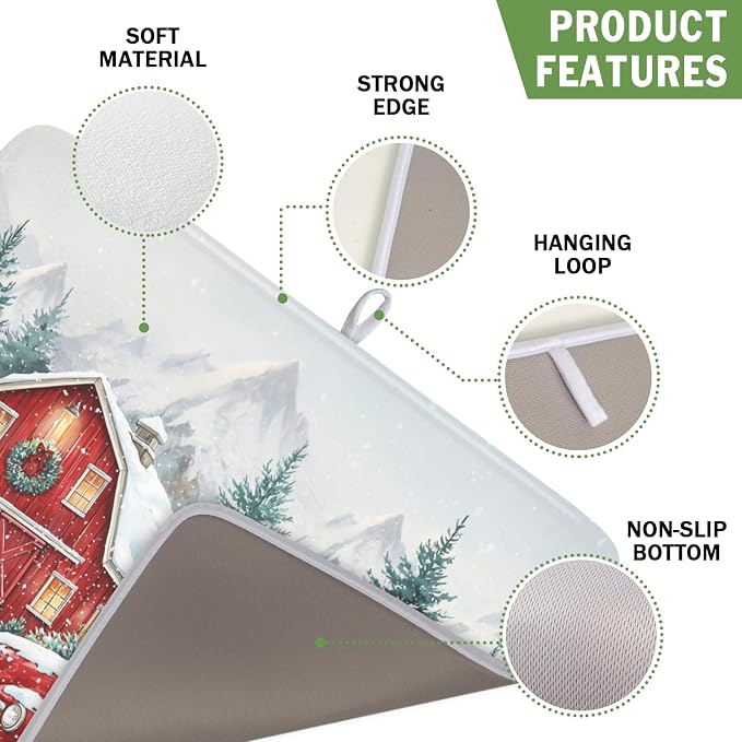 Winter Snowscape Dish Drying Mat for Kitchen Counter Christmas Red Truck Trees Dish Drainer Mat Xmas Holiday Rustic Farmhouse Absorbent Washable Drying Pad 16"x18"