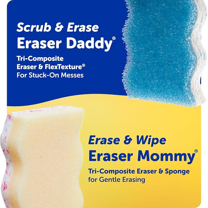 Scrub Daddy Eraser Mommy Sponges 45x - Water-Activated Cleaning Sponge with FlexTexture Scrubbing Gems - 3-in-1 Erase, Scrub, Wipe Tool for Walls, Doors, Baseboards, Hard Surfaces (6 Count)