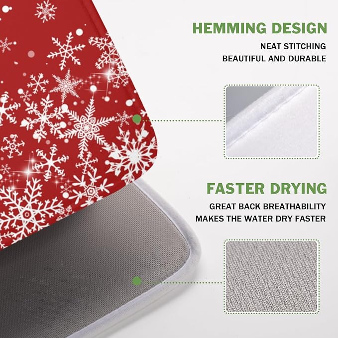 Christmas Dish Drying Mat for Kitchen Counter 16 x 18 Inch Xmas Snowflake Dish Drainer Mat Absorbent Microfiber Red Dish Rack Pad for Holiday Winter Coffee Dining Bar Decor