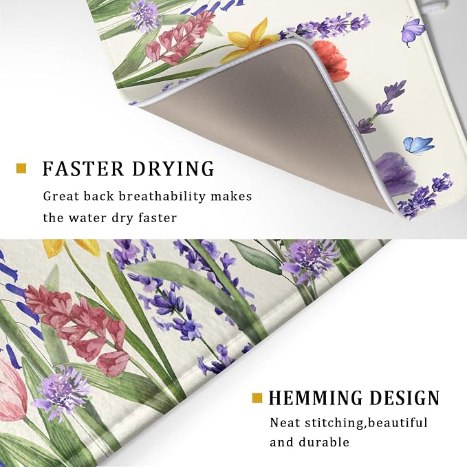 Spring Summer Floral Dish Drying Mat for Kitchen Counter 18x24 Inch Spring Flowers Dish Drainer Rack Mats Absorbent Kitchen Drying Mat Botanical Floral Drainer Rack Mats for Kitchen Countertop Decor