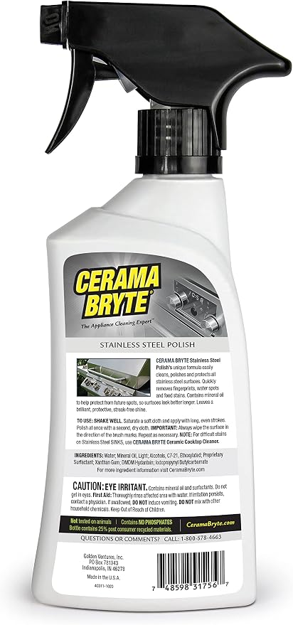 Cerama Bryte Stainless Steel Cleaner, Two 16 oz Bottles & Cloth