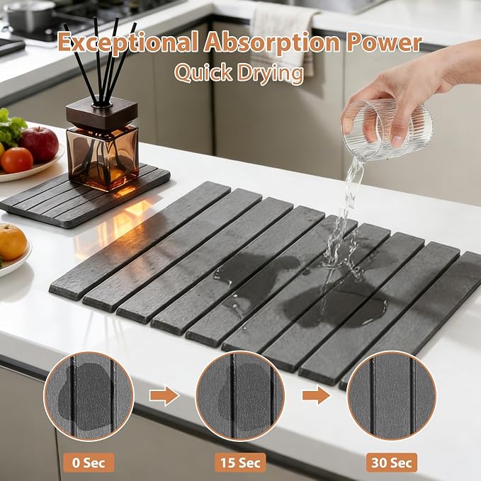 Large Stone Dish Drying Mat for Kitchen Counter, 2 PCS Quick Dry Diatomaceous Earth Dish Mat Set – Foldable Water Absorbing Kitchen Gadgets & Gifts, Home Essentials(Gray Ink 24"×16" & 8"x4")
