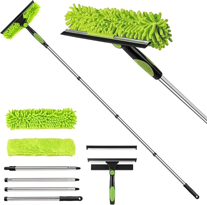 67" Window Squeegee for Window Cleaning with Extension Pole, 3-in-1 | Rotatable Lock Design,Stainless, Professional Window Cleaner Tool Kit for Indoor Outdoor High Windows,Car Glass,Shower Doors