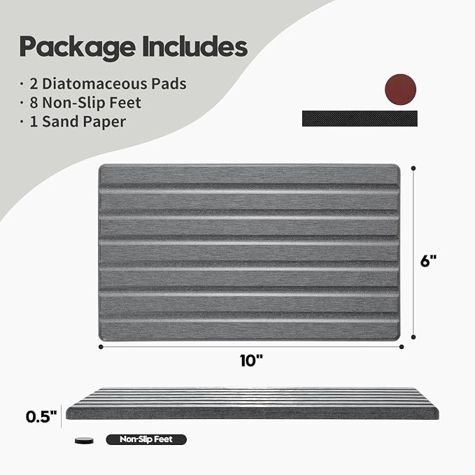Razborci 2PCS Water Absorbing Stone Drying Tray Mat for Bathroom Sink & Kitchen Counter Organizer, Quick Dry Dish Soap Dispenser Sponge Holder, Vanity Sink Caddy, Coaster, Dark Gray - 10" x 6"