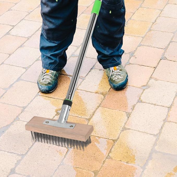 MERRYHAPY Stainless Steel Sturdy Outdoor Use Scrubber with Long Handle Pool Cleaning Brush and Hard Bristles for Removing Stubborn Stains on Patio Floors and Concrete Surfaces for Moss