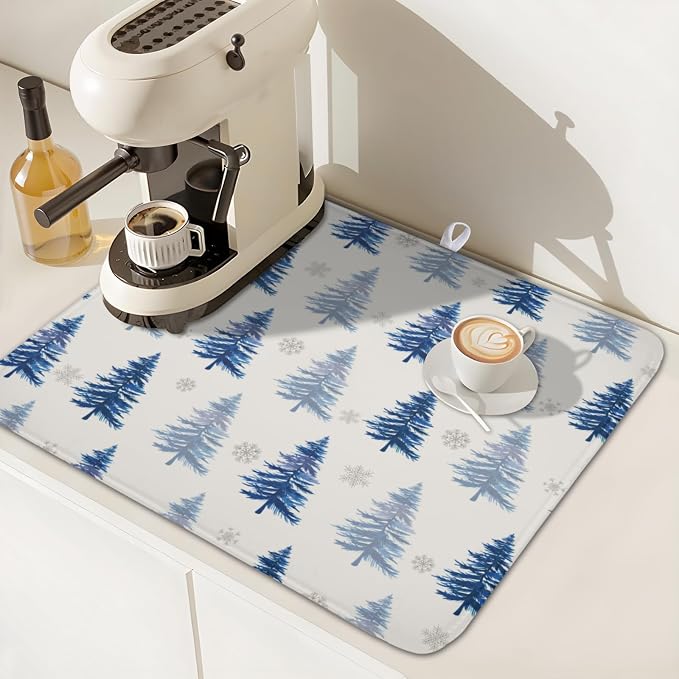 Winter Dish Drying Mat 16 x 18 Inch Blue Tree Dish Drying Pad Absorbent Microfiber Mats for Snowflake Dish Rack Pad for Holiday Kitchen Counter Coffee Bar Decor