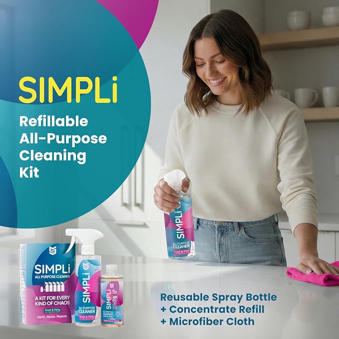 SIMPLi All Purpose Cleaner Starter Kit – Multipurpose Cleaner Concentrate Refill 8.45 fl oz Makes 85 fl oz + Reusable Spray Bottle 17 fl oz – Surface Cleaner for Kitchen, Bathroom, Glass, Floor