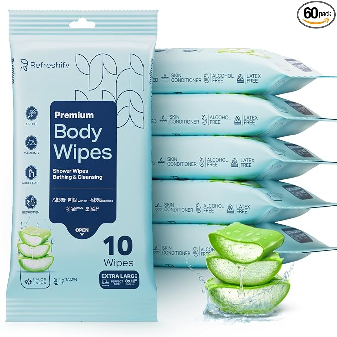 60 XL Shower Wipes – Body Wipes for Adults Bathing No Rinse – 6 Packs of 10 – Extra Moist Bath with Aloe & Vitamin E for Camping, Travel, Gym & Bedridden Care