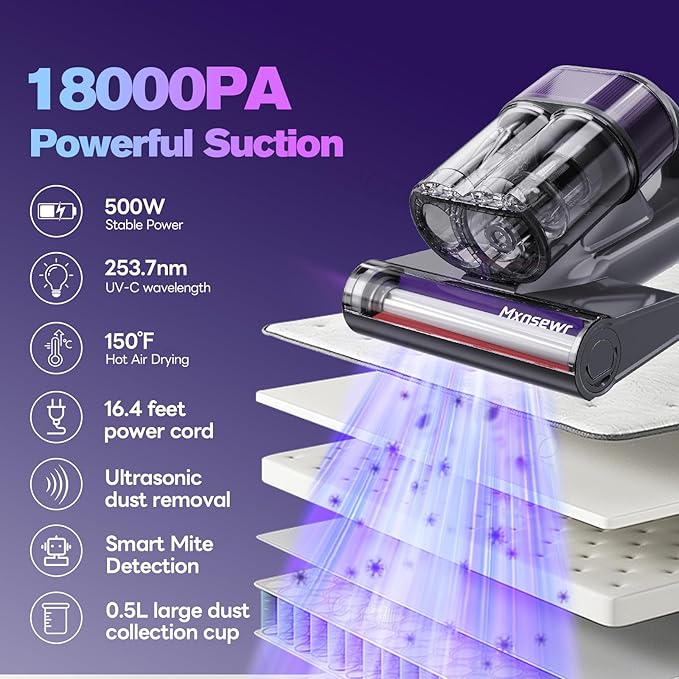Mxnsewr Mattress Vacuum Cleaner, Ultrasonic Bed Vacuum Cleaner with 18Kpa Strong Suction, 150°F Heat & 253.7nm UV-C Light, Intelligent Dual Cup, One-Click Dust Removal for Bed, Sofa, Carpet, Gray
