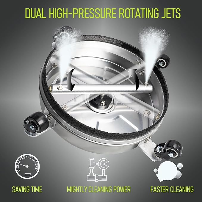 Hourleey 14" Pressure Washer Surface Cleaner, Stainless Steel Surface Cleaner with 4 Wheels for Concrete, Patio, Sidewalk, Deck, Pathway 1/4" Quick Connector, 2 Extension Wand, 4000 PSI