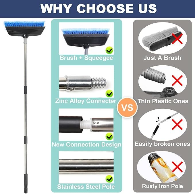 52" Car Wash Brush with Long Handle | Built-in Rubber Squeegee & Rubber Bumper | Lightweight extendable Handle | Soft Bristle Brush for Car, RV, Boat, Solar Panel, Deck Washing