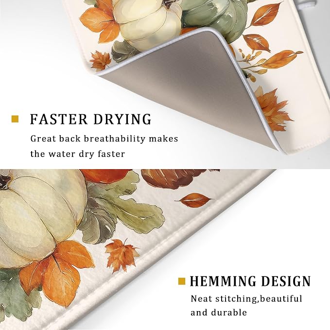 Giwawa Fall Pumpkin Dish Drying Mat Autumn Leaves Absorbent Dishes Pad 18x24 Inch Seasonal Microfiber Dish Drainer Rack Mat for Kitchen Countertop