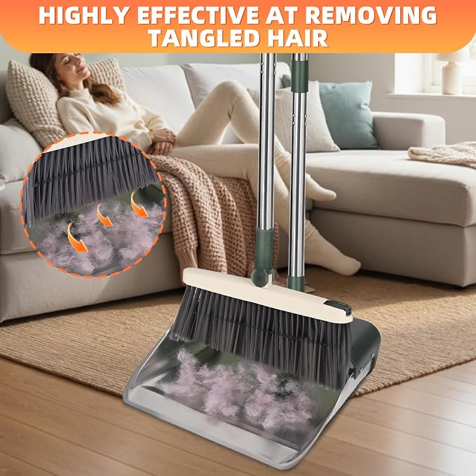 Broom with Dustpan Combo Set, Lightweight Standing Metal Dust Pan with Teeth, Home Essentials Suitable for Home Kitchen Lobby Room Office, Green