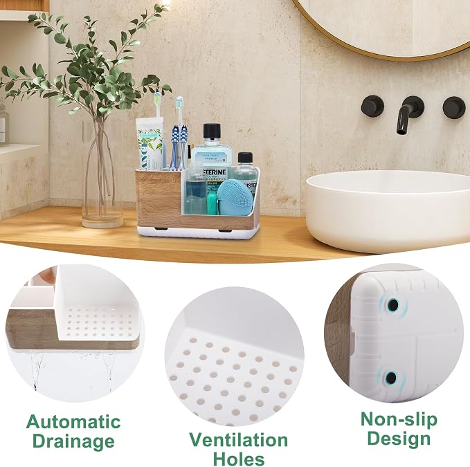 PARKMANI Toothbrush Holders for Bathrooms Countertop Organizer and Storage, Kids Electric Toothbrush and Toothpaste Holder, Bathroom Accessories Vanity Organizer (Wood Grain)