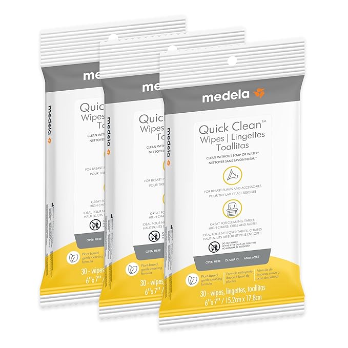 Medela Quick Clean Wipes for On-The-Go Cleaning of Breast Pumps, Accessories, and Various Surfaces, Resealable, Plant-Based, 3 Packs of 30 (90 Count)