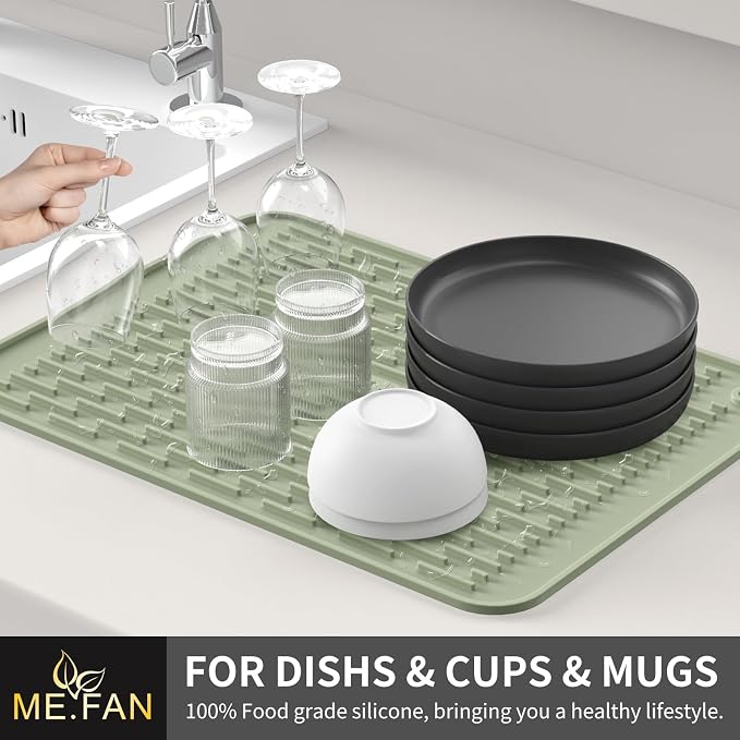 ME.FAN Silicone Dish Drying Mat for Kitchen Counter, Dish Drying Pad for Sink, Refrigerator or Drawer, Countertop Protection Pad XL - 23''×17''- Desert Sage