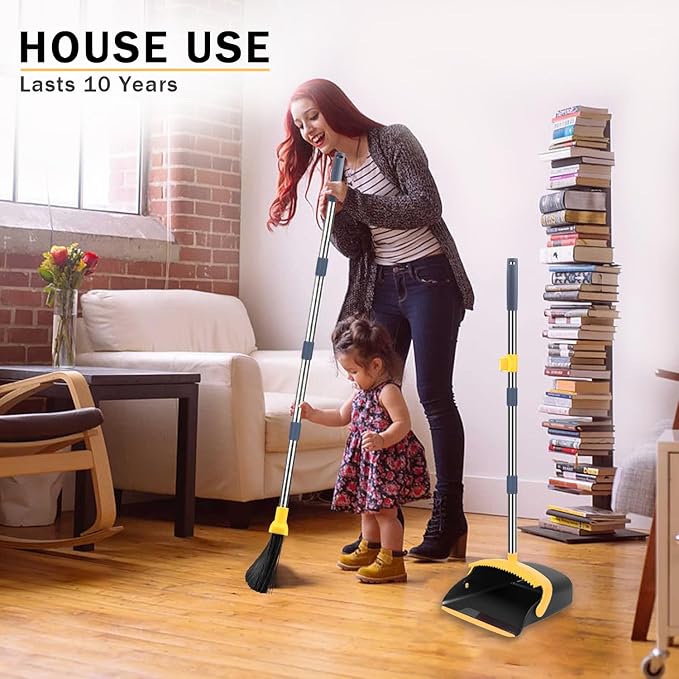 2-Pack is More economical,Brooms with Dustpan Combo Set， with 52" Long Handle, Dustpan Teeth with self-Cleaning Function, Indoor and Outdoor Sweeping, Perfect for Home Office (Large/Yellow/ 2-Pack)