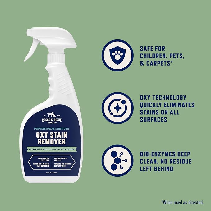 Rocco & Roxie Oxy Stain Remover - Oxygen Powered Carpet Cleaner Spray - Pet Stain Remover for Carpet, Spot Cleaner for Upholstery, Couch, Laundry, Rug, Clothes, Car Seat, Mattress, Sofa, and More