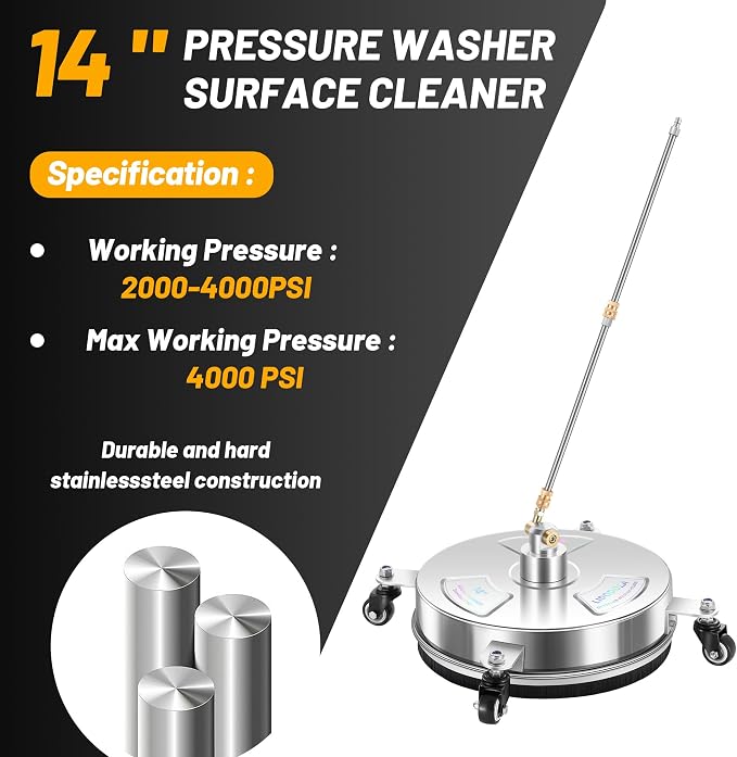 LidoDola 14'' Pressure Washer Surface Cleaner, Power Washer Accessory | Stainless Steel Housing with 4 Wheels, 1/4" QC, 2 Extension Wands & 2 Replacement Nozzles, for Gas & Electric Pressure Washer