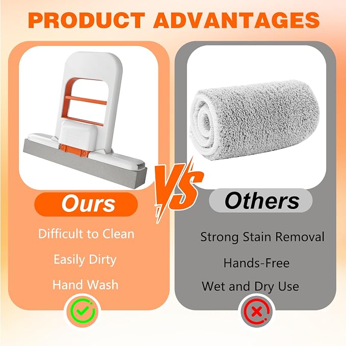 Self Squeezing Mini Mop, Wet and Dry Use Cleaning System, Orange Small Sponge Mop,Foldable Desktop Mop, One-Hand Squeeze Handle and Replaceable Head (2Pcs)