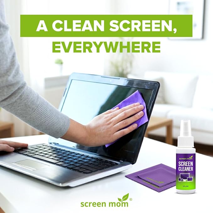 Screen Mom Screen Cleaner Spray 2oz Bottle for TV, Car, Laptop & Computer | Streak-Free Formula, Glass & OLED Safe, Alcohol and Ammonia Free Formula, Includes 2 Microfiber Cloths, Travel-Friendly Size