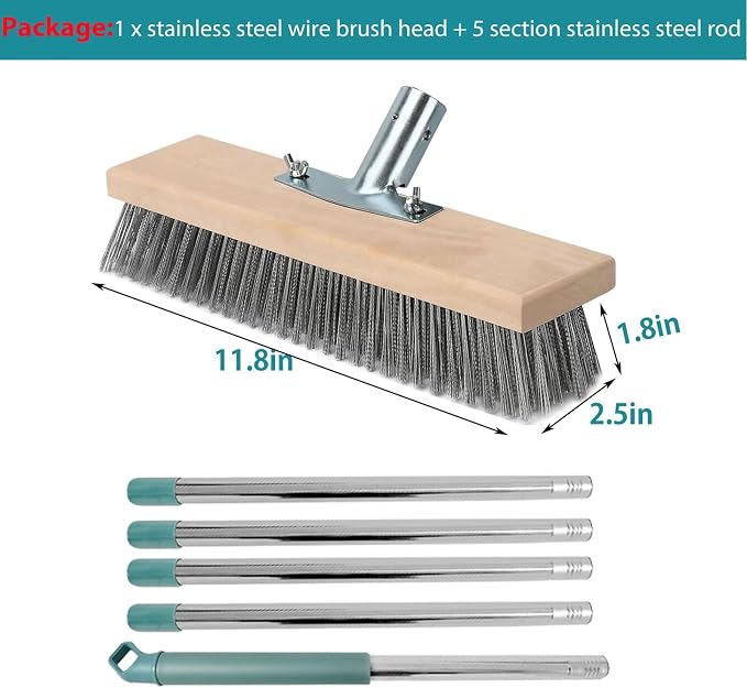 Stainless Steel Deck Scrub Brush with Long Handle, Heavy Duty Floor Scrubber Moss Remover Concrete Wire Bristle Brush for Cleaning Yard Broom Outdoor Metal Patio Scrubbing Brush