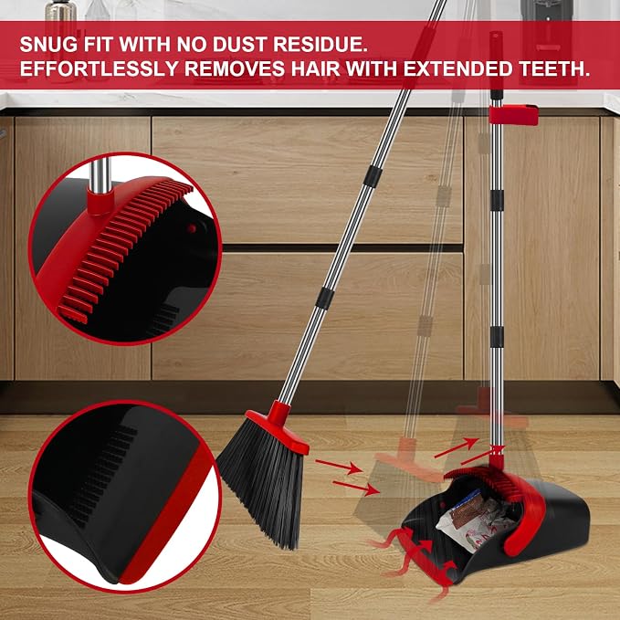 Red Broom and Dustpan Combo Set, 55" Long Handle Broom | Large Area Outdoor Cleaning, Extended Reach Design, Built-in Comb Dustpan, Foldable Storage for Garage, Patio & Home