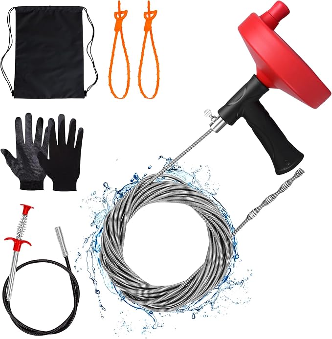 Drain Auger 33 ft, Plumbing Snake Hair Clog Remover Drain Snake Flexible Grabber Heavy Duty Sink Cleaner Tools for Shower Bathtub Bathroom Kitchen Pipe, Red