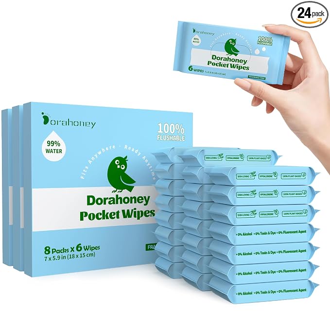Flushable Wipes Travel Size, 99% Water Mini Wet Wipes for Sensitive Skin, Hypoallergenic & Unscented On The Go Pocket Wipes, 144 Count (24 Packs of 6)
