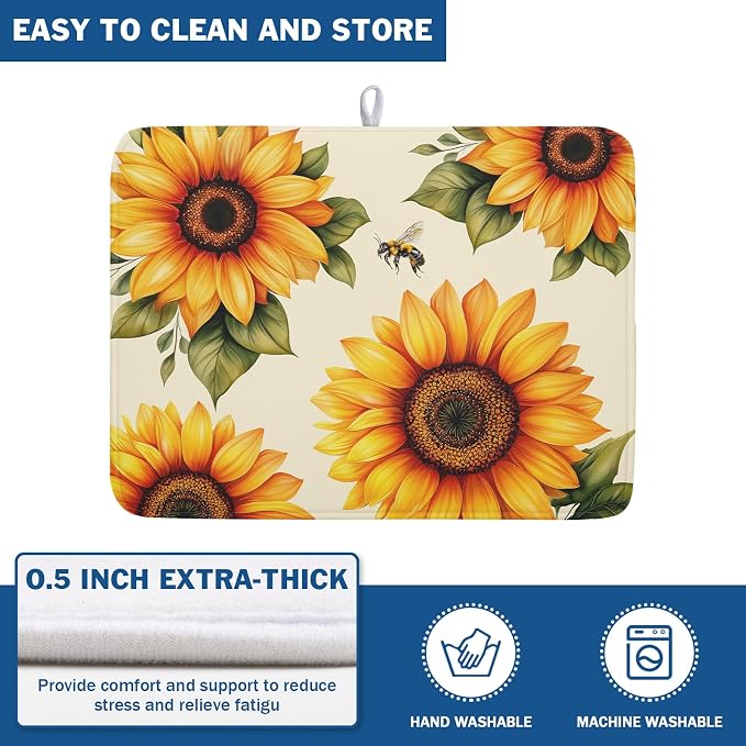 Sunflower Dish Drying Mat 18x24 Inch Absorbent Reversible Summer Drying Mat Sunflower Bee Dish Drying Rack Mat Yellow Summer Themed Dish Drainer Mat for Kitchen Counter Coffee Bar
