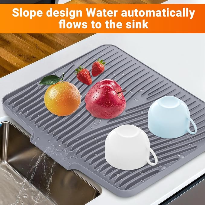 Silicone Dish Drying Mat for Kitchen counter, 19.7"x17" Extra Large Non-Slip Drain Pad with Built-in Drainage, Heat Resistant Dishwasher Safe, Grey