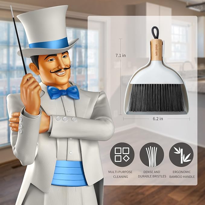 MR.SIGA Mini Dustpan and Brush Set, Bamboo Handle, White, 1 Set | Portable cleaning brush and dustpan combo, handheld brush and dustpan combo with hanging loop