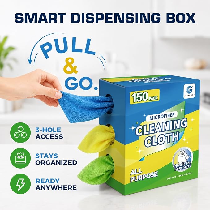 GLIMGLINT Microfiber Cleaning Cloth, 150 Pack Reusable Lint-Free Towels - Blue, Yellow & Green Soft Microfiber Towels for Home, Kitchen, Bathroom, Glass & Tables - 11"x9" Washable Shop Rags