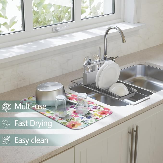 Dish Drying Mat 2-Pack in Watercolor Floral for Kitchen Counter Dishes Mat | Diatom Mud Mats (18x24, 19.5x12"). Non-slip rubber back for kitchen counter, coffee bar & sink scenes