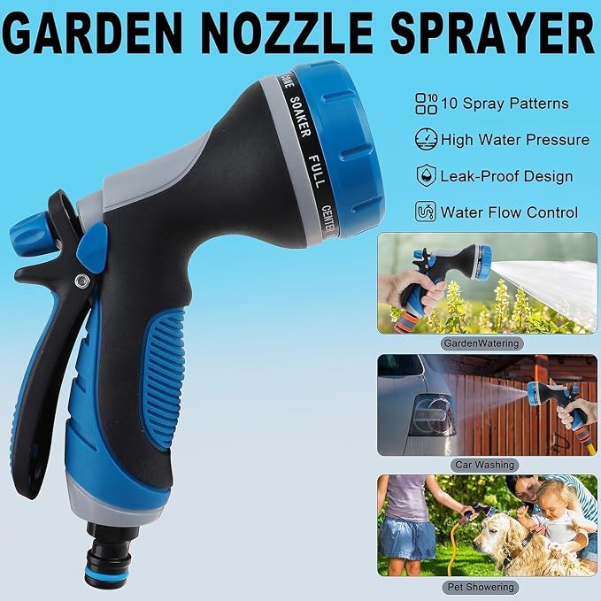 Garden Hose Nozzle with Adjustable 10 Watering Patterns Hose Spray Nozzle | Slip Resistant High Pressure Leak-Proof ,Water Hose Nozzle Sprayer for Plants & Lawns Watering,Car Washing and Pet Showering