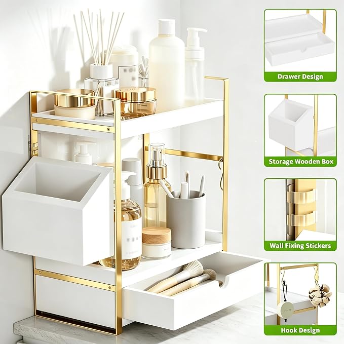 2-Tier Bathroom Counter Organizer with Drawer and Basket, Wood Countertop Organizer for Storage, Skincare Organizers for Vanity, Counter Shelf for Bathroom Organization(White-gold)