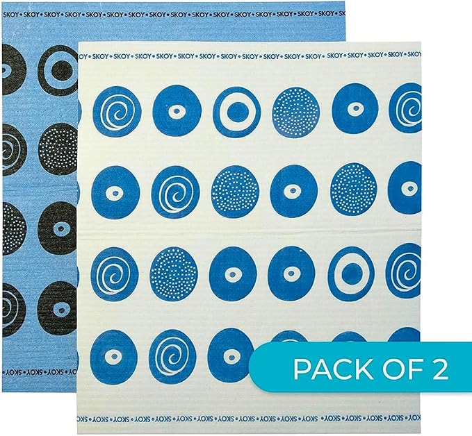 Skoy Cloth, Large 2-Pack Versatile Swedish Dishcloths for Kitchen and Household Use, Reusable Cleaning Cloths, Planet-Friendly, Dishwasher and Dryer-Safe, Blue/White