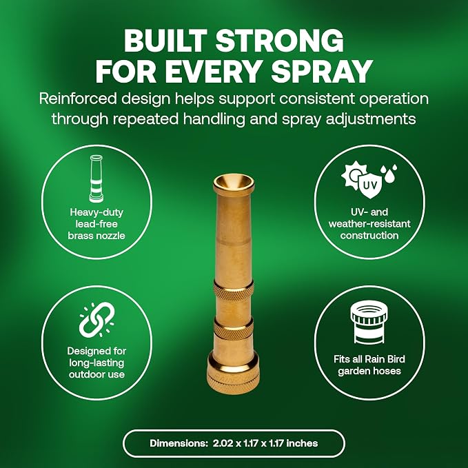 Rain Bird HENZLB5ADJ 5-Inch Lead-Free Brass Twist Adjustable Water Hose End Nozzle - High Pressure Garden Hose Sprayer with Adjustable Stream Pattern, 3/4 in GHT Connection for Outdoor Cleaning