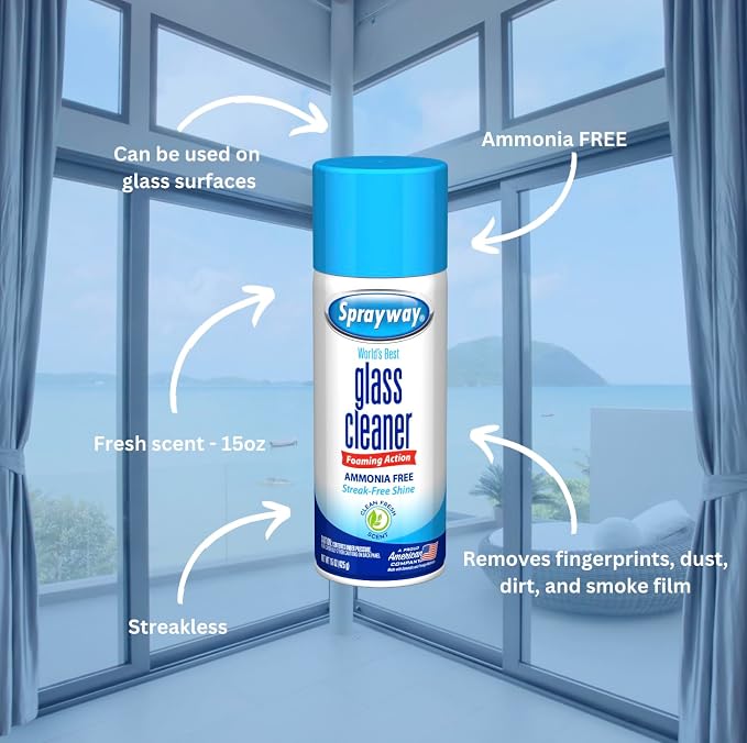 Sprayway Glass Cleaner Foaming Aerosol Spray, 15oz, Streakless, Fast-Acting | Cleans & Polishes Glass Surfaces | Fresh Scent, Removes Fingerprints, Dust, Dirt, Smoke Film,6 Count(Pack of 2)