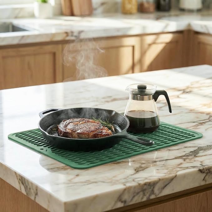 MicoYang Silicone Dish Drying Mat — Quick-Dry Ridges Counter & Sink Pad, Heat-Resistant Trivet to 450°F, Non-Slip & Dishwasher Safe, Roll-Up Storage, 18 Colors & 9 Sizes (Green, 16"×12")
