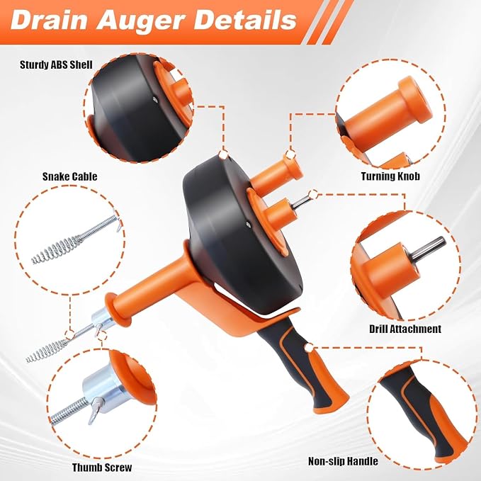 Drain Auger 25ft, Drain Clog Remover with Drill Adapter, Flexible Plumbing Snake for Kitchen, Bathroom & Shower, Manual or Drill Powered Drain Snake