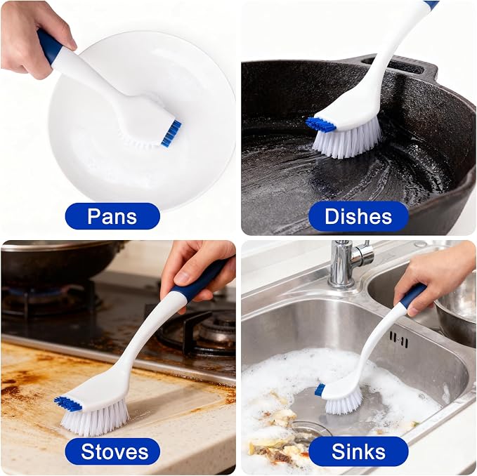ITTAR Kitchen Dish Brush with Long Non-Slip Handle, 2-in-1 Kitchen Scraper & Brush, Heavy-Duty Non-Scratch Scrub Brush for Sink, Pots, Pans, Burnt Food Grease Stove Sink Cleaning-White & Blue