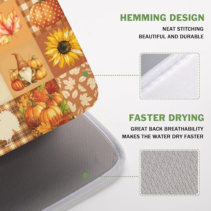 Fall Thanksgiving Dish Drying Mat for Kitchen Counter Autumn Harvest Orange Dish Drainer Mat Rustic Absorbent Washable Drying Pad 16"x18"