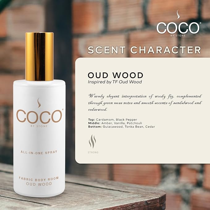 COCO by Stone 5oz All-in-One Spray Oud Wood Fabric & Room Mist | Shake-and-spray formula for fabrics, pillows, clothing, and rooms with a luxurious Oud Wood fragrance. Vegan & cruelty-free.