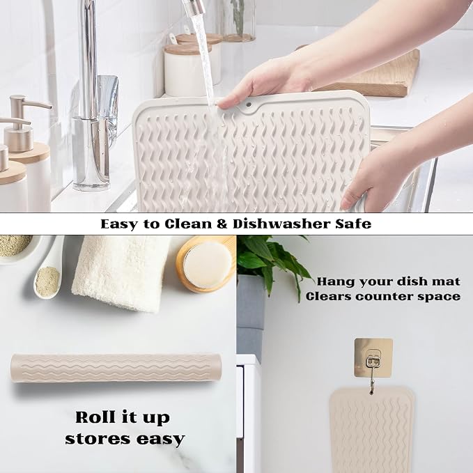 ZLR 4-in-1 Silicone Mat 12" x 12" / 305 x 306mm Square - Dish Drying Mat, Air Fryer Mat, Coffee Maker Pad & Heat Resistant Trivet (up to 450°F) - Non-Slip Food-Grade BPA-Free (Cassava White)