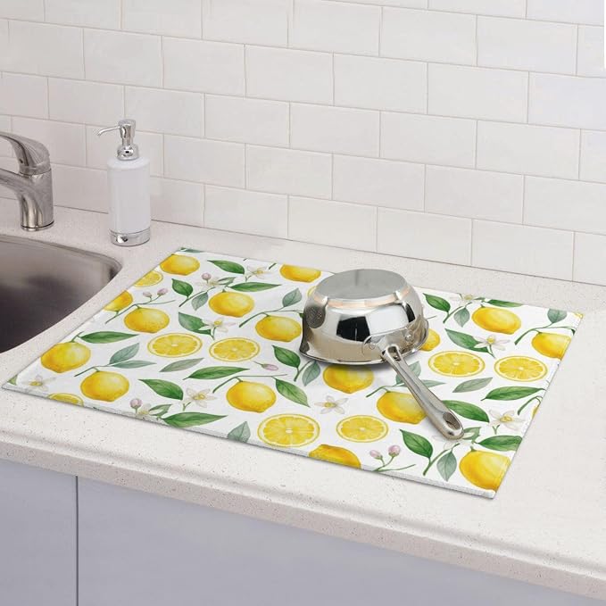 Lemon Dish Drying Mat for Kitchen Counter Microfiber Absorbent Dish Draining Reusable Washable Extra Large 24" x 18" (Lemon, 18x24in)