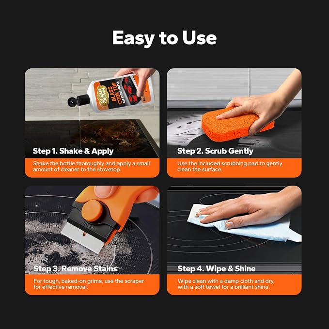 3-in-1 Cooktop Cleaner Kit (8.8 Oz Cooktop Cleaner + Scrubbing Pad + Scraper), Stovetop Cleaner for Electric Top Stoves, Ceramic Cooktops & Fireplace Glass, Remove Burned on Food, Grease