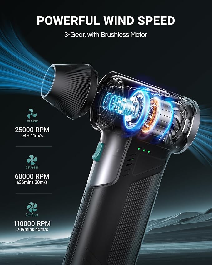 T150 Compressed Air Duster, Mini Hand Blower 110000RPM, 3-Gear Handheld Cordless Blower with Fast Charging, Portable Electric Air Blower for PC, Car, Outdoor, Keyboard