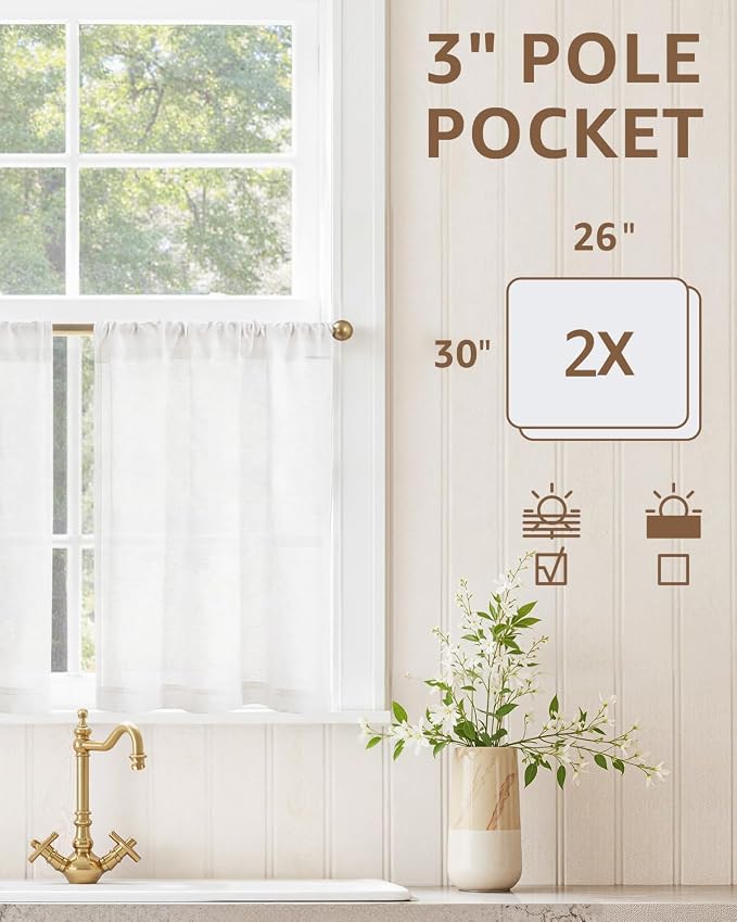 jinchan Modern Linen Rod Pocket Tier Curtains, 26x30, 2 Panels, White | Light filtering, cafe curtains, machine washable, farmhouse, kitchen, bathrooms, laundry, small window, over sink